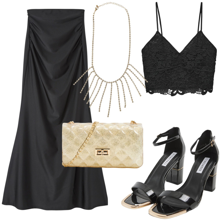 Outfit donna - Total look #2127876. Stile Glamour per Serata fuori. Abbinamento con gonne lunghe, sabot, borse a tracolla, top, collane.