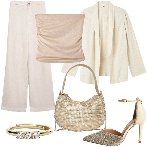 Outfit donna - Occasioni Speciali Terranova. Stile Glamour per Cerimonia. Abbinamento con blazer, décolleté, pantaloni, top, borse a spalla, anelli.