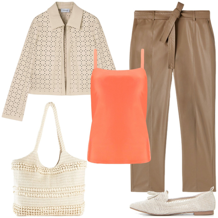Outfit donna - Look pratico in città. Stile Casual per Tutti i giorni. Abbinamento con shopping bag, canottiere, pantaloni, blazer, ballerine.