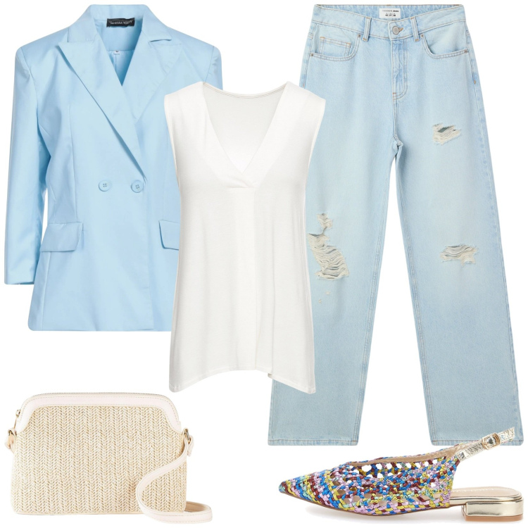 Outfit donna - Elegante ma Easy. Stile Casual chic per Tutti i giorni. Abbinamento con top, borse a tracolla, blazer, jeans strappati, ballerine.