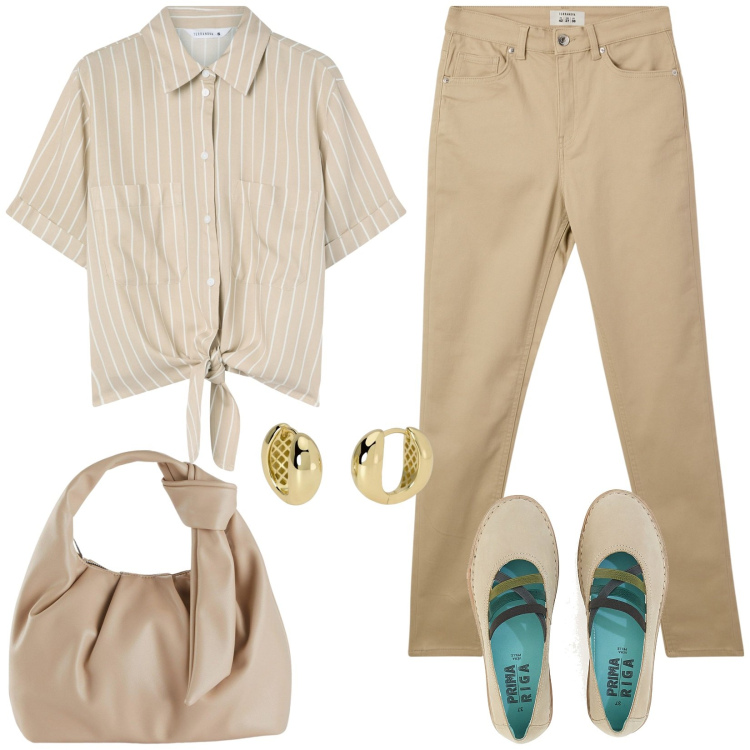 Outfit donna - Nocciola e beige. Stile Casual per Tutti i giorni. Abbinamento con borse a mano, camicie a manica corta, pantaloni skinny, orecchini, ballerine.