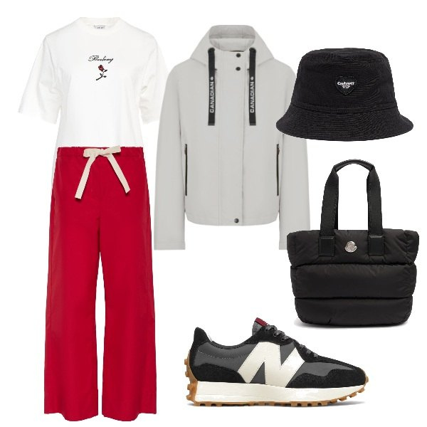 Outfit donna - oggi palestra. Stile Sporty chic per Sport. Abbinamento con t-shirt, sneakers, blazer, shopping bag, pantaloni, cappelli.