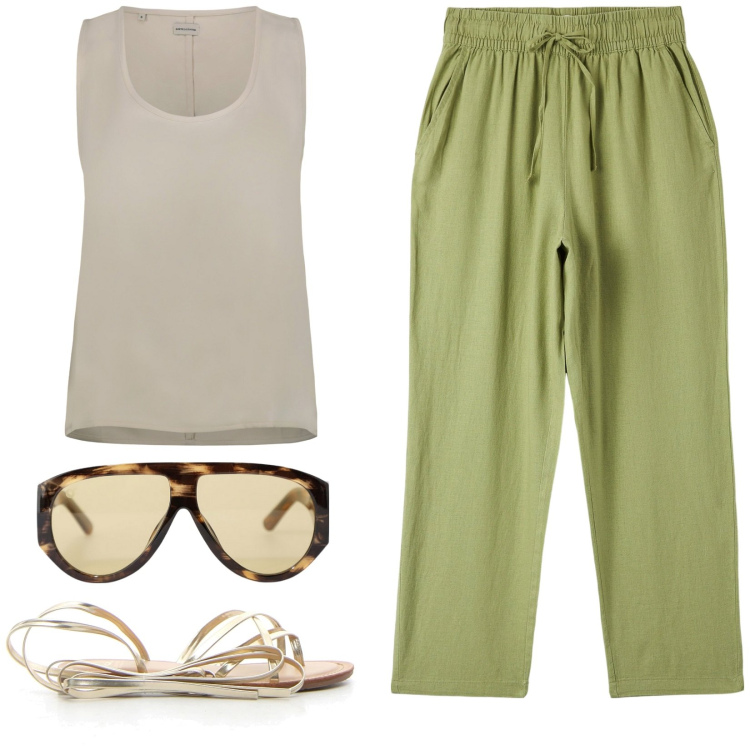 Outfit donna - Stile comfy in città. Stile Basic per Tutti i giorni. Abbinamento con pantaloni, occhiali da sole, top, sandali.