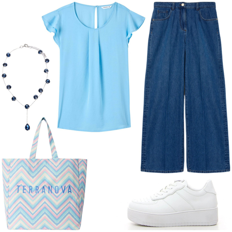 Outfit donna - All\'università. Stile Basic per Scuola/Università. Abbinamento con bluse, borse tote, sneakers, jeans, collane.