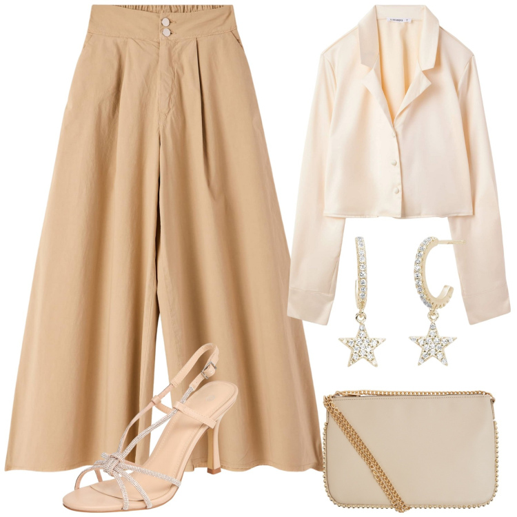 Outfit donna - Terranova Occasioni speciali. Stile Chic per Cerimonia. Abbinamento con camicie, borse a tracolla, pantaloni, sandali col tacco, orecchini.
