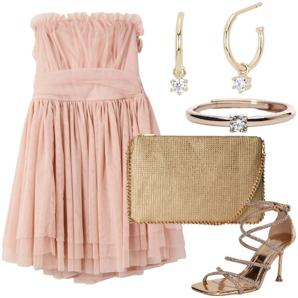 Outfit donna - Look Terranova Occasioni Speciali. Stile Glamour per Cerimonia. Abbinamento con vestiti corti, borse a tracolla, sandali col tacco, orecchini, anelli.