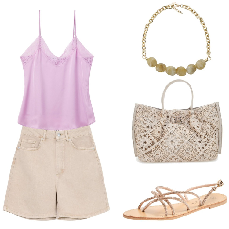 Outfit donna - Passeggiata al mare. Stile Casual per Tutti i giorni. Abbinamento con top, bermuda, sandali, collane, borse a tracolla.