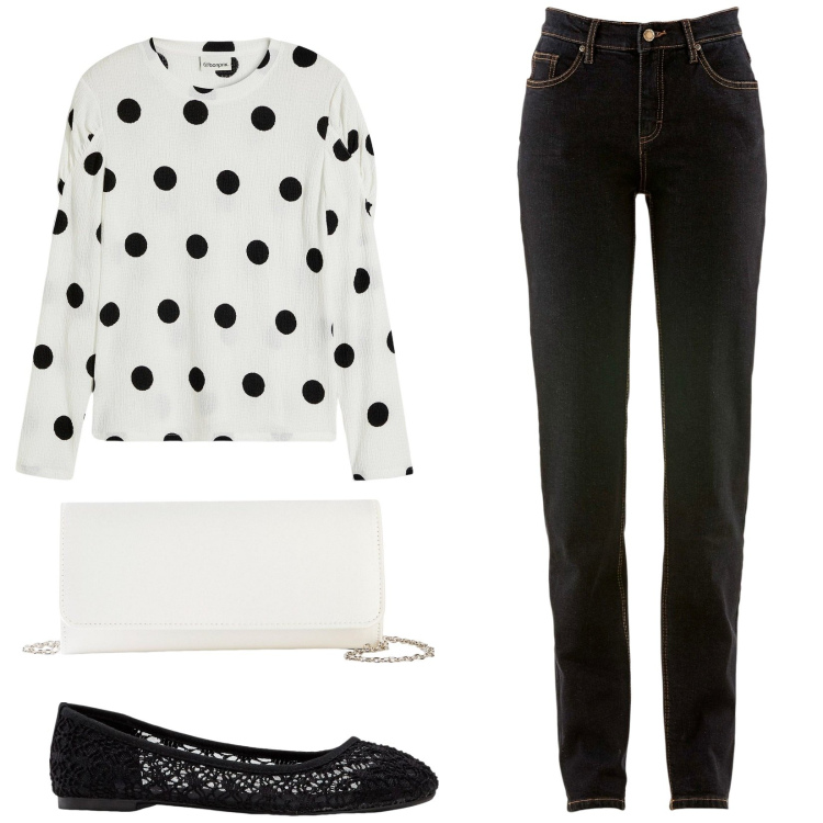 Outfit donna - In città a pois. Stile Casual per Tutti i giorni. Abbinamento con jeans mom, ballerine, maglieria, pochette.