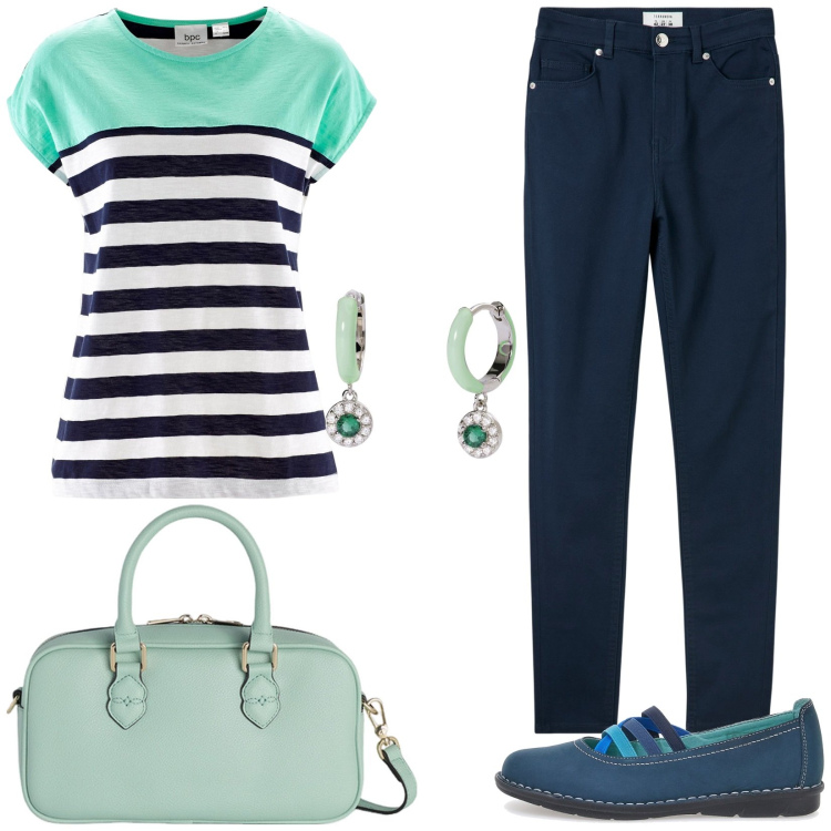 Outfit donna - Verde e blu in città. Stile Casual per Tutti i giorni. Abbinamento con t-shirt, pantaloni skinny, orecchini, ballerine, borse a mano.