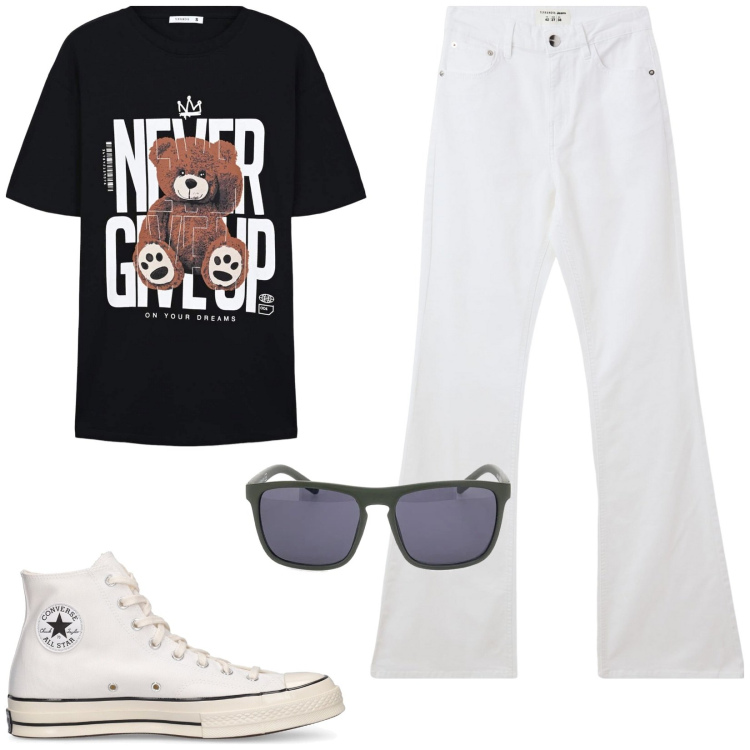 Outfit donna - T-shirt con stampa. Stile Basic per Tutti i giorni. Abbinamento con jeans a zampa, t-shirt, sneakers, occhiali da sole.