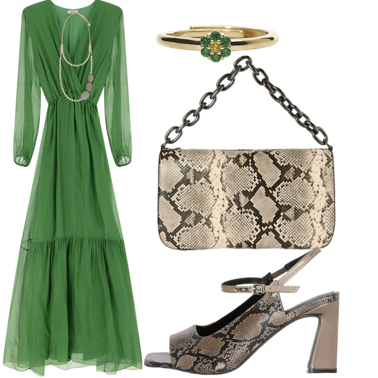 Outfit donna - Verde speranza. Stile Boho per Serata fuori. Abbinamento con anelli, vestiti lunghi, sandali col tacco, collane, borse a tracolla.