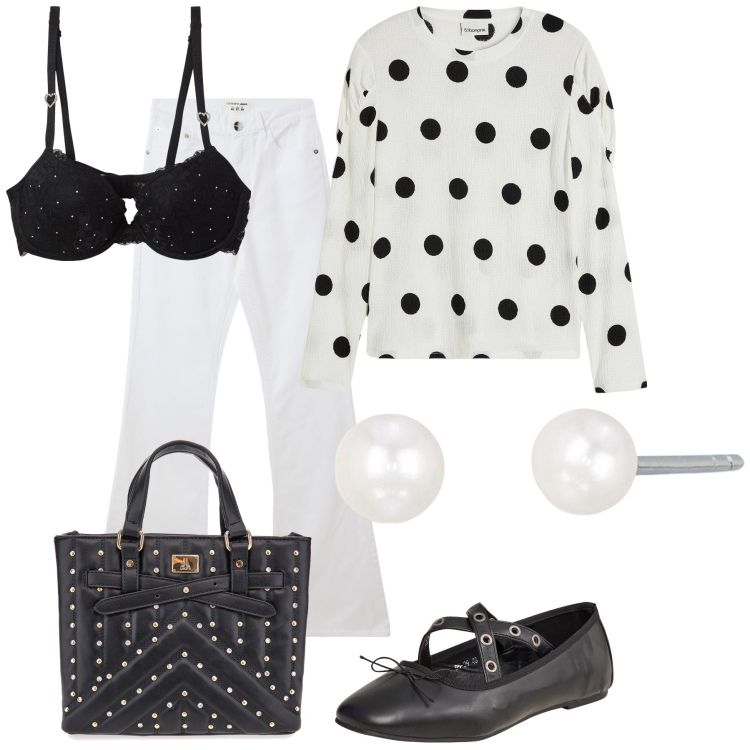 Outfit donna - Una vita a pois. Stile Trendy per Tutti i giorni. Abbinamento con maglieria, ballerine, jeans a zampa, reggiseni push-up, orecchini, borse a mano.