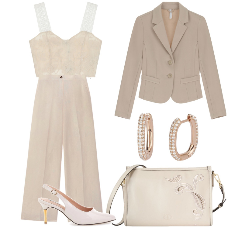Outfit donna - Top da cerimonia diurna. Stile Chic per Cerimonia. Abbinamento con orecchini, blazer, top, décolleté, borse a tracolla, pantaloni.