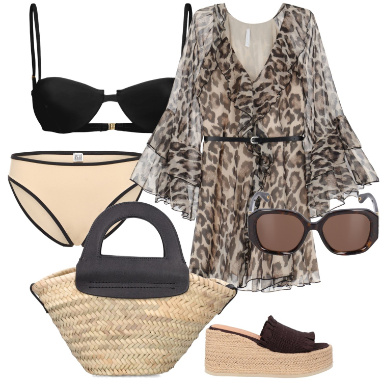 Outfit donna - Pronta per il mare. Stile Chic per Mare. Abbinamento con espadrillas, vestiti corti, occhiali da sole, shopping bag, bikini, bikini.