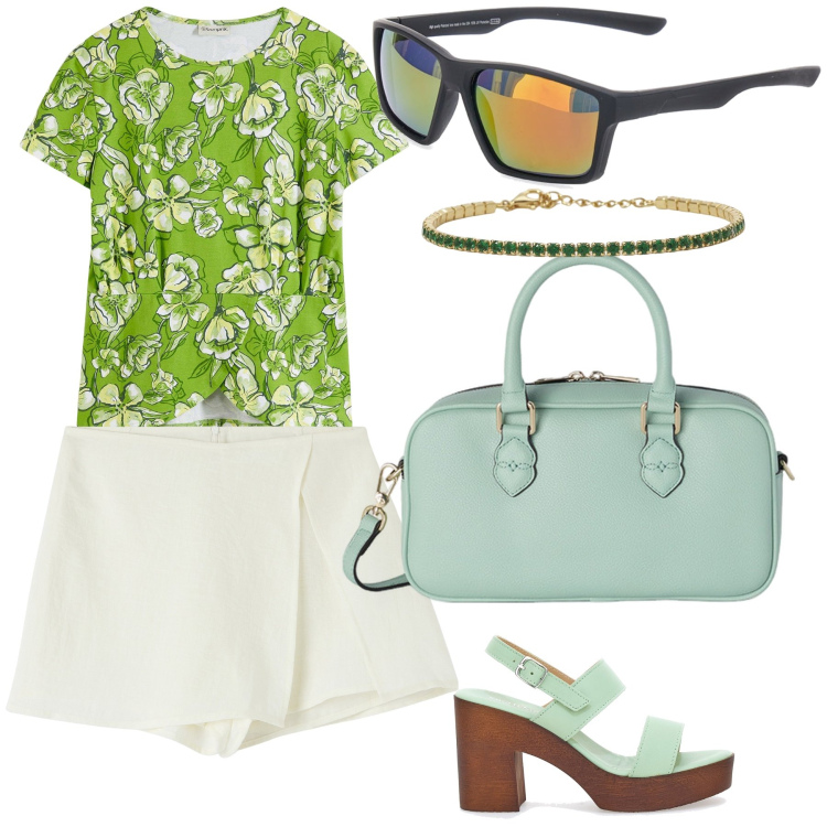 Outfit donna - Verde sportivo. Stile Casual chic per Tutti i giorni. Abbinamento con t-shirt, minigonne, braccialetti, zoccoli, occhiali da sole, borse a mano.