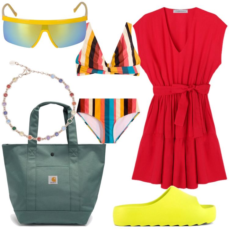 Outfit donna - Allegra. Stile Trendy per Mare. Abbinamento con bikini, braccialetti, ciabatte, vestiti corti, occhiali da sole, borse tote.