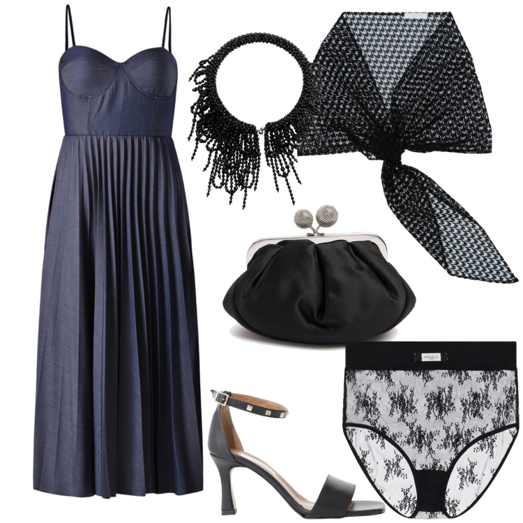 Outfit donna - Black night. Stile Glamour per Serata fuori. Abbinamento con sciarpe, vestiti midi/longuette, slip, sandali col tacco, collane, pochette.
