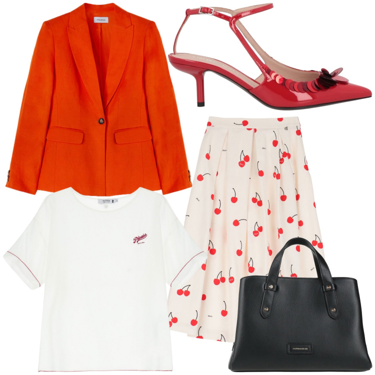 Outfit donna - Ciliegine in ufficio. Stile Glamour per Ufficio. Abbinamento con décolleté, borse a mano, t-shirt, gonne, blazer.