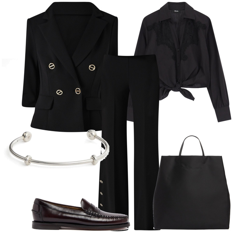 Outfit donna - Il lato maschile della femminilità. Stile Urban per Ufficio. Abbinamento con camicie, pantaloni a palazzo, blazer, braccialetti, mocassini, borse tote.
