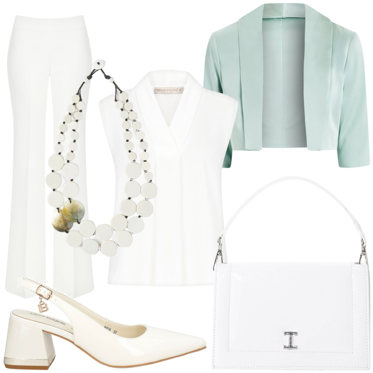 Outfit donna - Total look #2127929. Stile Chic per Cerimonia. Abbinamento con décolleté, borse a tracolla, bluse, bolero, pantaloni a palazzo, ciondoli.