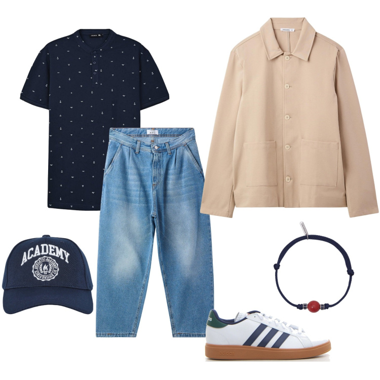 Outfit uomo - Street casual. Stile Casual per Tutti i giorni. Abbinamento con cappotti, t-shirt, cappelli con visiera, jeans, braccialetti, sneakers.