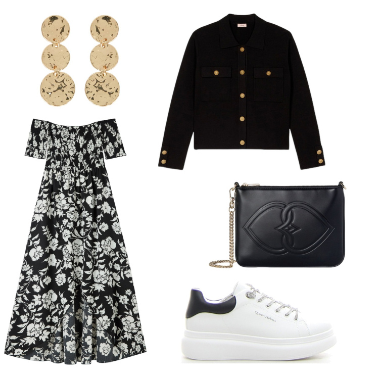 Outfit donna - Mother\'day lunch. Stile Casual chic per Ufficio. Abbinamento con vestiti lunghi, pochette, blazer, sneakers, orecchini.
