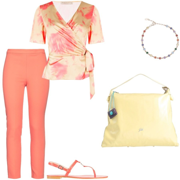 Outfit donna - Per negozi. Stile Casual chic per Tutti i giorni. Abbinamento con borse a mano, pantaloni, infradito, braccialetti, bluse.