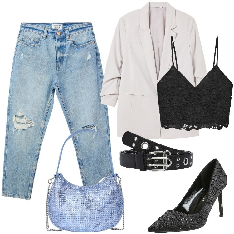Outfit donna - Giacca e jeans. Stile Glamour per Serata fuori. Abbinamento con cinture, jeans mom, blazer, décolleté, borse a spalla, top.