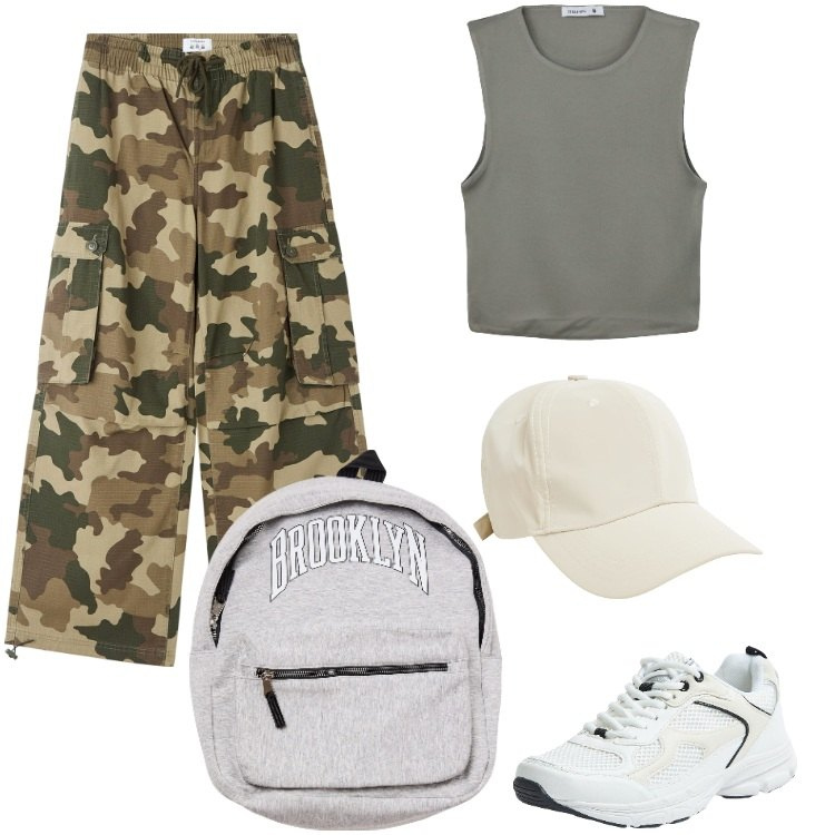 Outfit donna - Sporty chic military. Stile Military per Tutti i giorni. Abbinamento con borse sportive, pantaloni cargo, cappelli, sneakers, top.