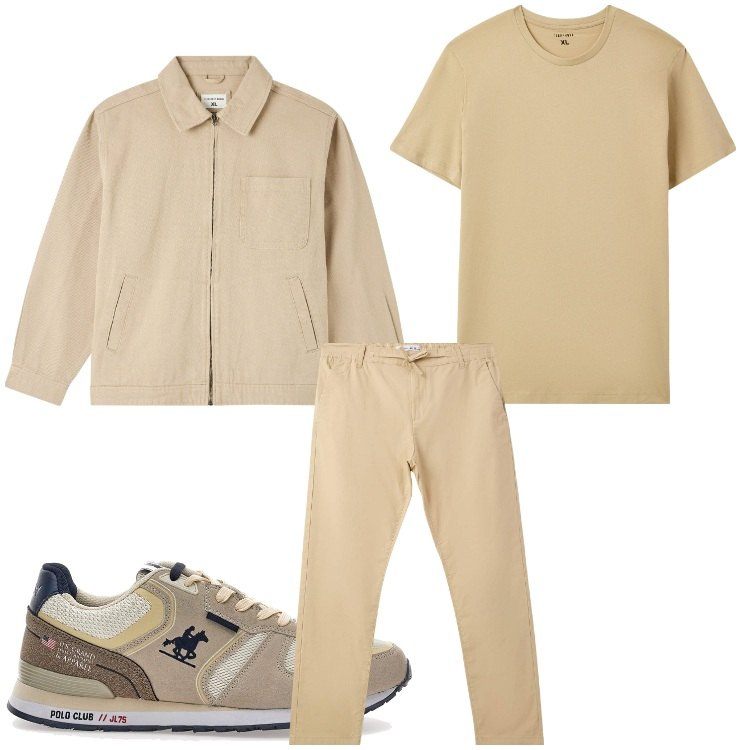 Outfit uomo - Una giacca beige. Stile Casual per Ufficio. Abbinamento con giacche, t-shirt, pantaloni chino, sneakers.