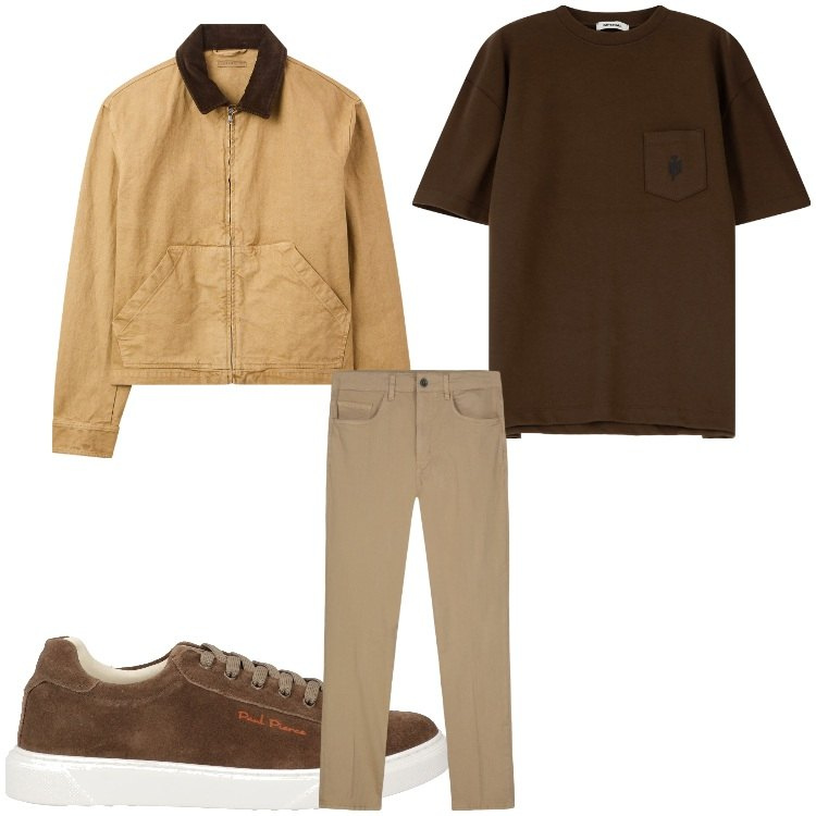 Outfit uomo - Idee in marrone. Stile Casual per Tutti i giorni. Abbinamento con sneakers, cappotti, t-shirt, pantaloni.