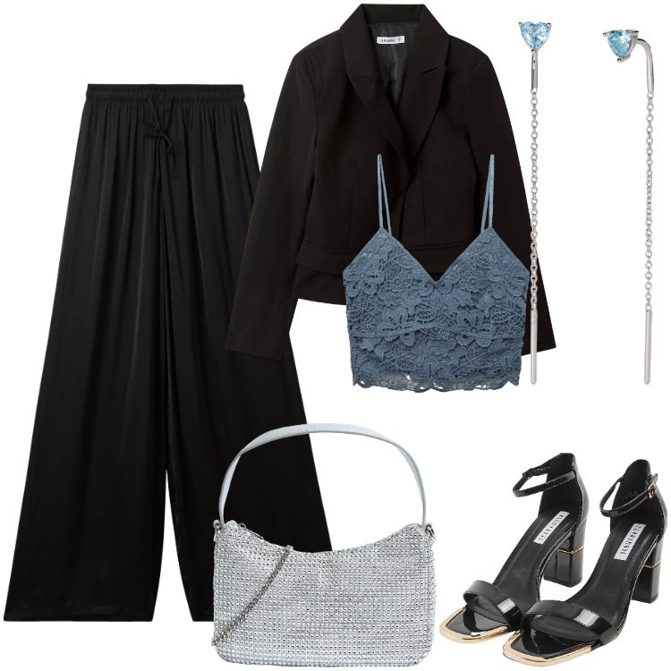 Outfit donna - Pantaloni neri a palazzo. Stile Minimal per Serata fuori. Abbinamento con pantaloni a palazzo, sabot, blazer, top, borse a tracolla, orecchini.