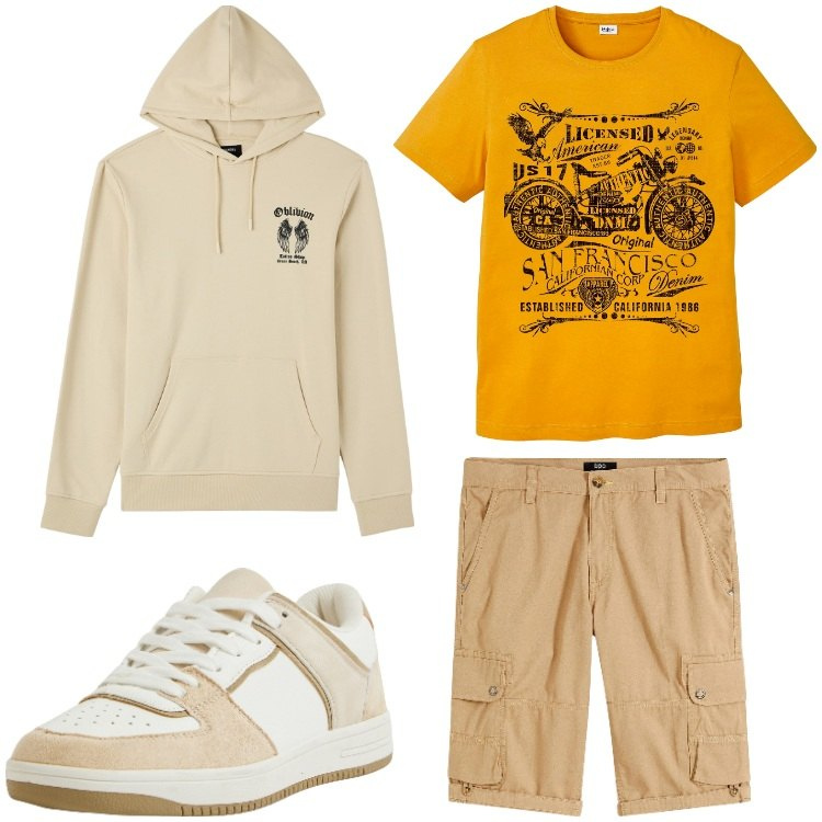 Outfit uomo - San Francisco. Stile Casual per Tutti i giorni. Abbinamento con t-shirt, bermuda, felpe con cappuccio, sneakers.