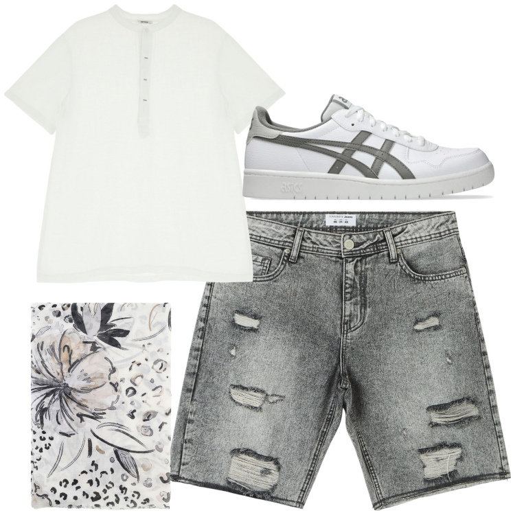 Outfit uomo - City. Stile Casual per Tutti i giorni. Abbinamento con shorts, t-shirt, sciarpe e foulard, sneakers.