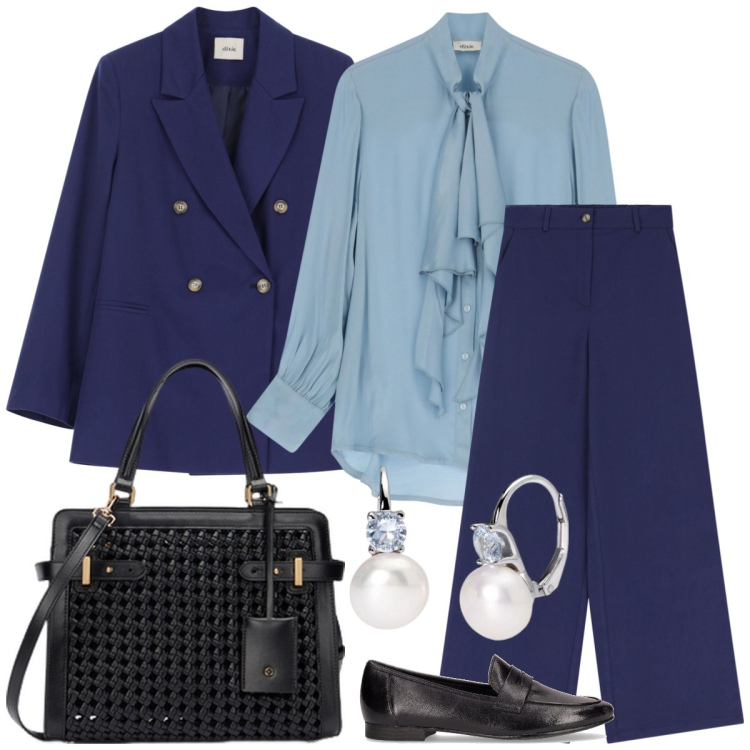 Outfit donna - Total look #2127968. Stile Mannish per Ufficio. Abbinamento con orecchini, blazer, pantaloni, bluse, mocassini, borse a mano.