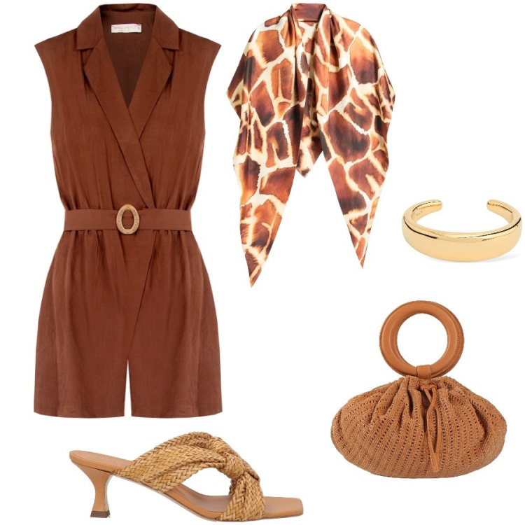 Outfit donna - Color cioccolato. Stile Glamour per Serata fuori. Abbinamento con stole, sandali in pelle, borse a secchiello, tuta corta, braccialetti.