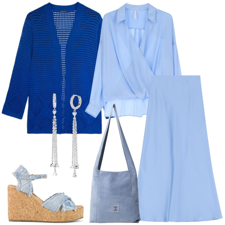 Outfit donna - Total look #2127989. Stile Casual per Tutti i giorni. Abbinamento con orecchini, bluse, gonne lunghe, borse a tracolla, cardigans, zeppe.