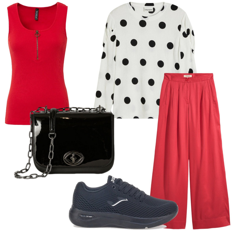 Outfit donna - Pois. Stile Minimal per Tutti i giorni. Abbinamento con pantaloni, top, maglieria, sneakers, borse a tracolla.