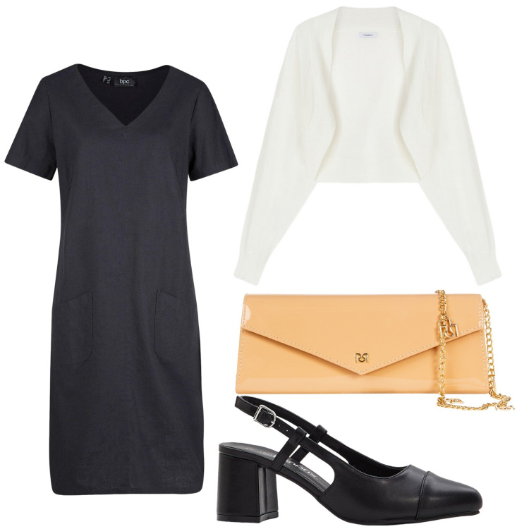Outfit donna - Minimal light. Stile Minimal per Tutti i giorni. Abbinamento con vestiti corti, décolleté, pochette, blazer.