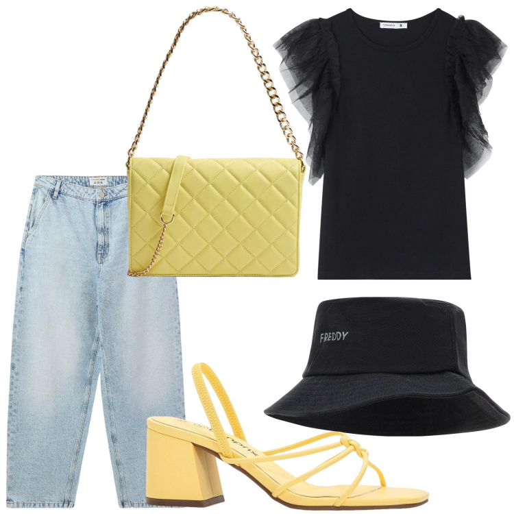 Outfit donna - Jeans e tulle. Stile Minimal per Tutti i giorni. Abbinamento con sandali col tacco, t-shirt, jeans, borse a tracolla, cappelli.