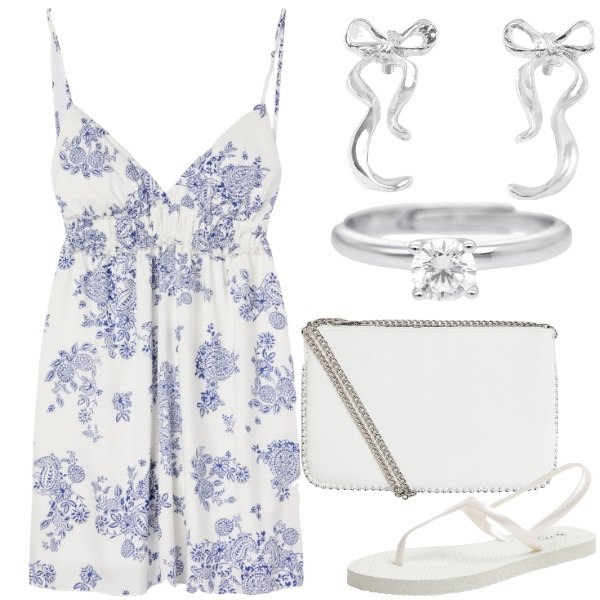 Outfit donna - Terranova per Occasioni Speciali. Stile Glamour per Cerimonia. Abbinamento con vestiti corti, orecchini, sandali, borse a tracolla, anelli.