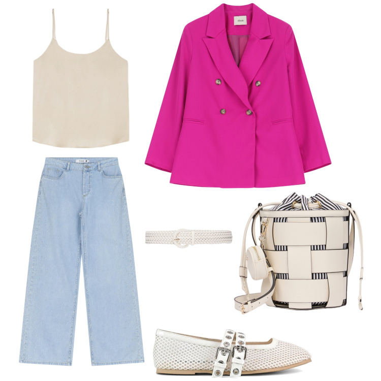 Outfit donna - Il blazer fucsia. Stile Sporty chic per Tutti i giorni. Abbinamento con jeans, blazer, ballerine, borse a secchiello, top, cinture.