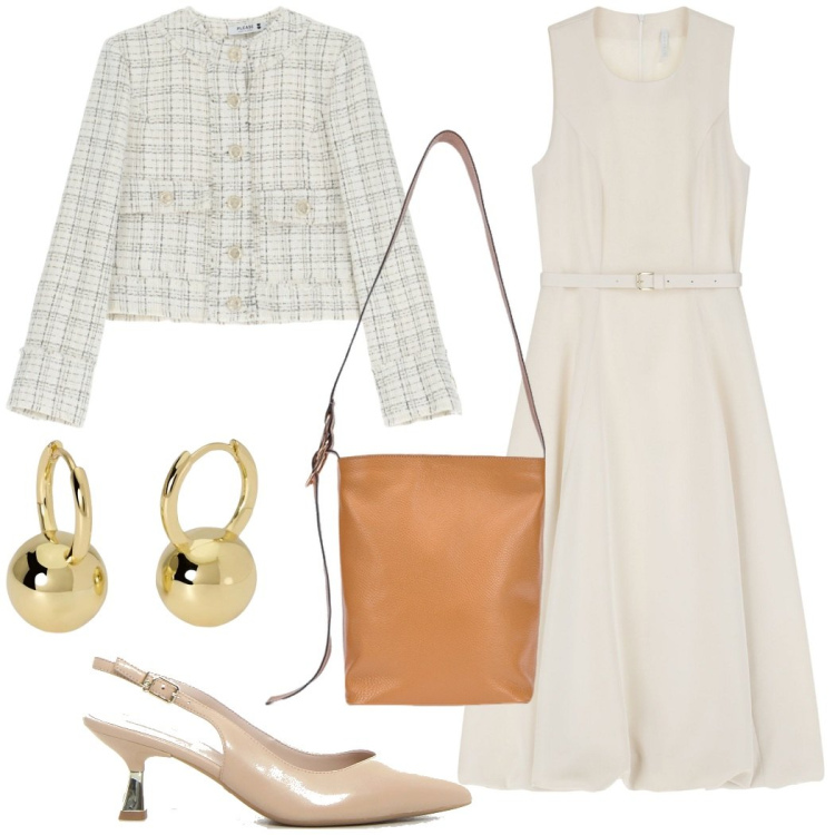 Outfit donna - Pranzo con la mamma. Stile Chic per Cerimonia. Abbinamento con orecchini, blazer, vestiti midi/longuette, décolleté, borse a secchiello.