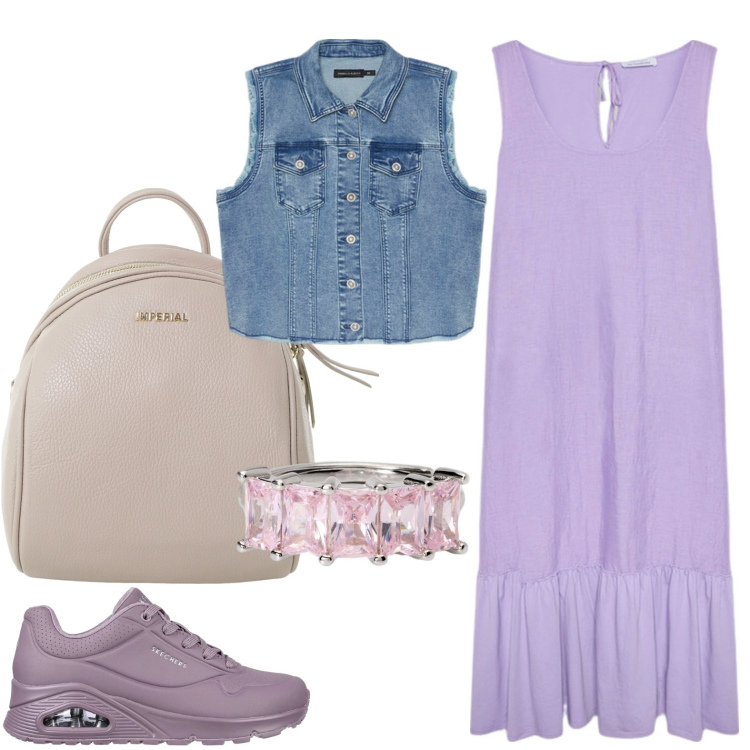 Outfit donna - Lilla in città. Stile Urban per Tutti i giorni. Abbinamento con anelli, zaini, scarpe stringate, vestiti lunghi, gilet.