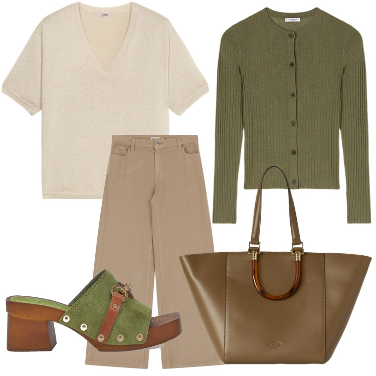 Outfit donna - Primavera con stile. Stile Glamour per Tutti i giorni. Abbinamento con pantaloni, zoccoli, shopping bag, cardigans, maglieria.