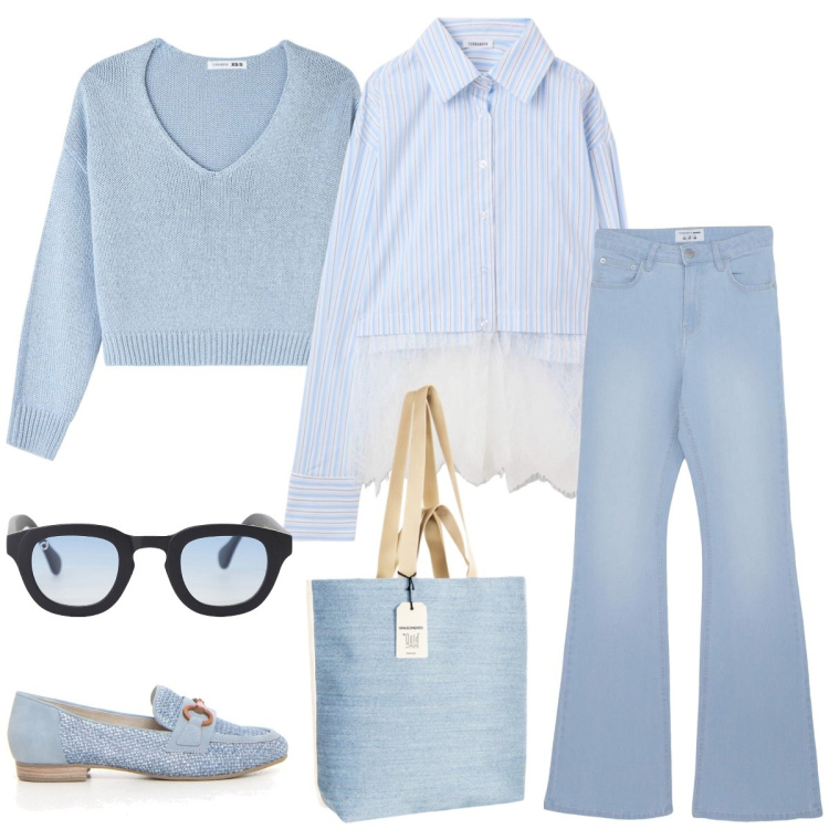 Outfit donna - Celeste di tendenza. Stile Casual chic per Tutti i giorni. Abbinamento con jeans a zampa, camicie, maglieria, borse tote, occhiali da sole, mocassini.