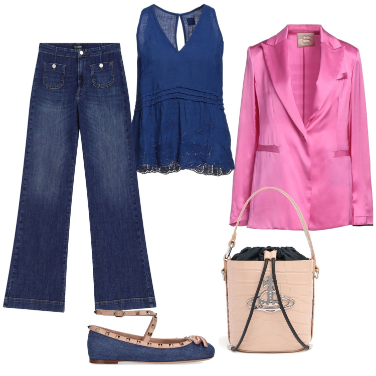 Outfit donna - Blu e fucsia. Stile Casual chic per Serata fuori. Abbinamento con blazer, top, jeans a zampa, borse a mano, ballerine.