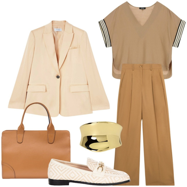 Outfit donna - Maschile ma non troppo. Stile Mannish per Ufficio. Abbinamento con t-shirt, anelli, mocassini, pantaloni a palazzo, borse tote, blazer.