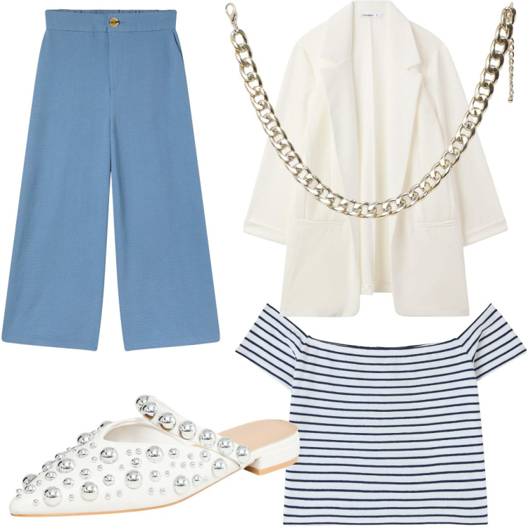 Outfit donna - Relax a righe. Stile Casual per Tutti i giorni. look ideale per Tall. Abbinamento con pantaloni a palazzo, ballerine, t-shirt, collane, blazer.