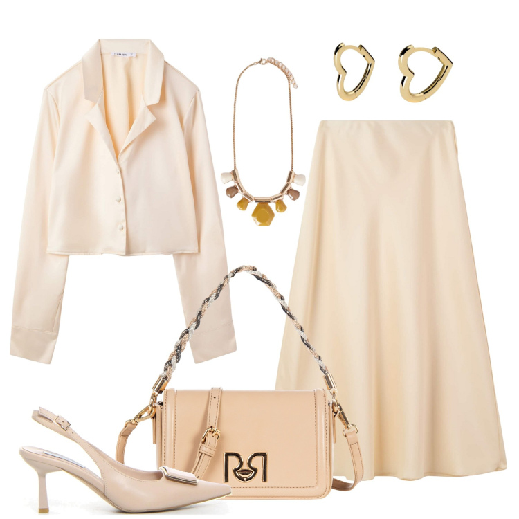 Outfit donna - Festa della mamma. Stile Chic per Tutti i giorni. Abbinamento con gonne lunghe, camicie, orecchini, borse a tracolla, décolleté, collane.